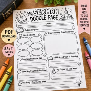 May include: A white paper sermon doodle page for children featuring black line art illustrations of a church, a Bible, and clouds. The page includes sections for date, speaker, scripture, words heard, drawings, prayers, and notes, measuring 21.59 by 27.94 cm.