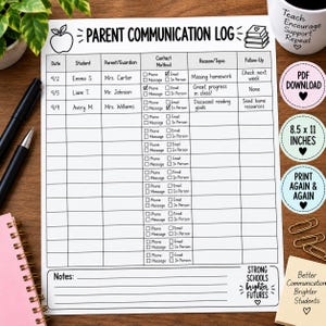 May include: A white paper parent communication log with black text and grid lines. The document features columns for date, student, parent, contact method, reason, and follow-up. It includes an apple icon, a stack of books, and the text Strong Schools Brighter Futures.