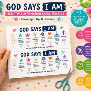 May include: A white sheet of paper featuring two identical sets of God Says I Am scripture affirmation cards for kids. Each set displays colorful icons and text including Loved, Unique, Chosen, Capable, Strong, Valued, Victorious, and Forgiven.