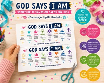 May include: A white sheet of paper featuring two identical sets of God Says I Am scripture affirmation cards for kids. Each set displays colorful icons and text including Loved, Unique, Chosen, Capable, Strong, Valued, Victorious, and Forgiven.