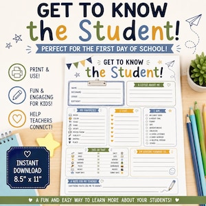 May include: A printable 8.5 inch by 11 inch Get to Know the Student worksheet featuring sections for name, nickname, grade, birthday, favorites, this or that choices, and a note for the teacher, decorated with colorful icons and text.