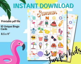 Könnte beinhalten: Druckbare Sommer-Bingo-Karten mit 10 einzigartigen Designs. Jede Karte verfügt über ein 5x5-Raster mit sommerlichen Bildern wie einem Flamingo, Sonnenbrillen, Eiscreme und einem Sonnenschirm. Die Karten sind 8,5 Zoll mal 11 Zoll groß.