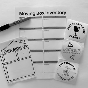 May include: A black and white moving box inventory sheet with a checklist for room, box number, and contents. There are also three different types of fragile stickers with the words "Please Take Care Fragile", "Fragile Handle with Care", and "I'm Fragile Handle with Care".