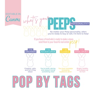 May include: A colorful graphic with the text "What's your PEEPS personality?" and four different Peep characters with descriptions of their personalities. The text "POP BY TAGS" is at the bottom of the graphic.
