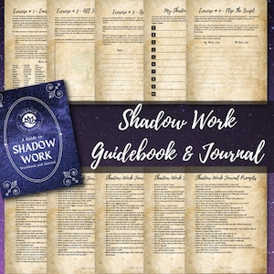 Puede incluir: Una guía y un diario para el trabajo de la sombra, con un fondo estrellado morado y azul con un título que dice "Shadow Work Guidebook & Journal". El libro incluye ejercicios, indicaciones y espacio para escribir en el diario para ayudarte a explorar tu sombra.