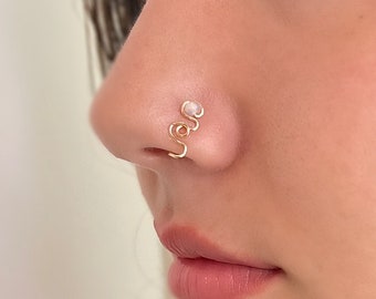 Moonstone Nose Cuff | Fake Nose Ring, Gold or Silver, No Piercing Needed, Crystal Faux Piercing, Gift for Hippie | Tarnish Resistant Jewelry