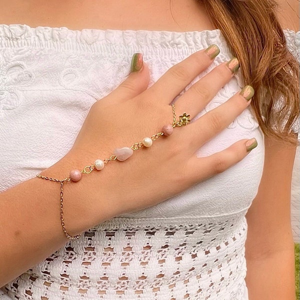 Unique Rose Quartz Hand Adornment | Mermaid Aesthetic | Pink Pearl Bracelet | Handmade 18k Gold Plated Jewelry | Gold/Silver Pink Hand Chain