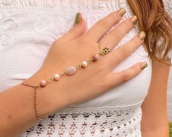 Handmade Rose Quartz Hand Chain | 18k Gold Plated Bracelet