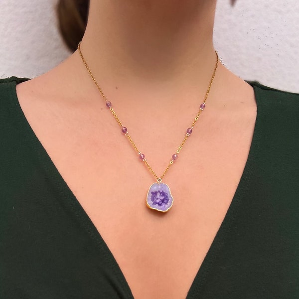 14k Gold or Silver Amethyst Geode Necklace, Boho Dainty Geode Necklace, Purple Geode Necklace, Friendship Matching Necklace, Gift for Her