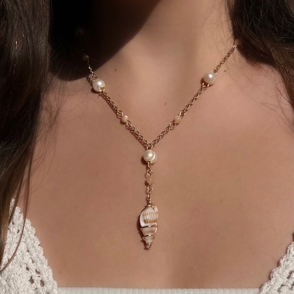 Handmade Athena Seashell Pearl Necklace and Earrings | Beachy Dainty Shell Jewelry | Elegant Pearl Necklace | Mermaid Shell Jewelry Set
