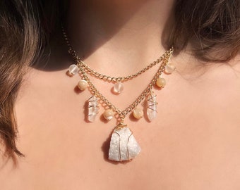 Aura Quartz Gold Necklace | Winter Jewelry | Pearl and Citrine Necklace | Clear Quartz Jewelry | Pearl Necklace | Winter Jewelry | Unique