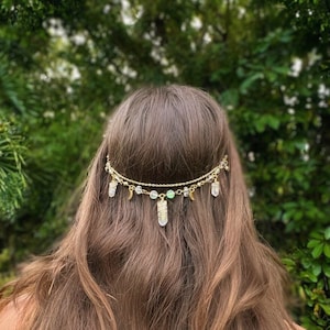 Hectate Crown Crystal Dangling Hair Clip | Clear Quartz Head Jewelry | Fairy Crystal Hair Charm | Unique Gift | Crystal Hair Chain