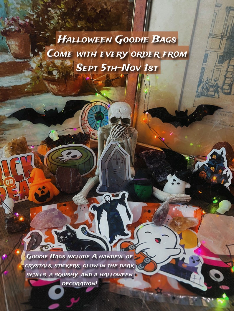 May include: A Halloween goodie bag filled with various spooky and colorful items, including crystals, stickers, glow-in-the-dark skulls, a squishy, and a Halloween decoration. The bag is decorated with a festive Halloween pattern and includes the text "Halloween Goodie Bags Come with Every Order From Sept 5th-Nov 1st".