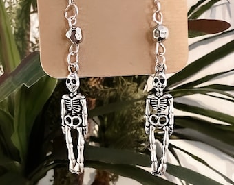Silver Skeleton Earrings: Halloween Beaded Dangle Earrings