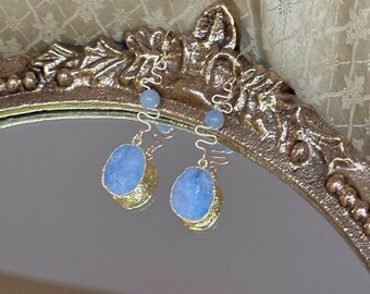 14k Gold Unique Blue Geode Earrings, One of a Kind, Boho Dainty Geode Earrings, Blue Geode Earrings, Hippie Eclectic Earrings, Gift for Her