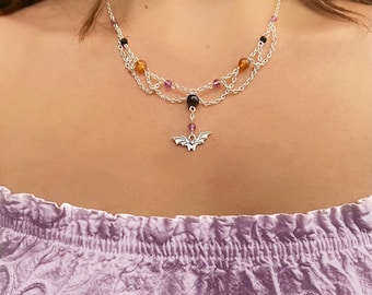 Crystal Halloween Bat Necklace | Obsidian, Amethyst & Carnelian
