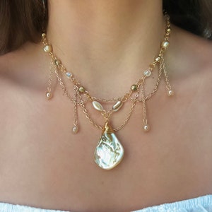 Gold/Silver Pearl Under the Sea Necklace | Unique Pearl Jewelry | Mother of Pearl Necklace | Elegant Statement Piece | Bridal Pearl Necklace