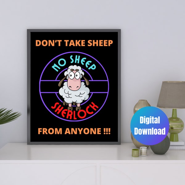 No Sheep Sherlock cute sheep digital wall art designs. Sheep Wall Art Design. Printable Wall Art Design. Printable Living Room Art.