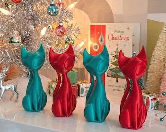 Holiday Atomic Cat Sculptures Retro Mid-Century Modern Christmas Decor Art Piece Miniature or Large Twinkle Green Red