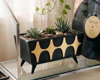 Mid Century Modern Credenza Planter Succulent Cactus Plants MCM Midmod Home Office Kitchen Decor 1950s 60s Atomic Era Gift House Warming