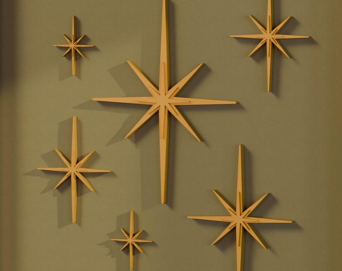 Mini Elongated Mid Century Modern Starbursts Wall Decor Set of 6 Indoor/Outdoor Atomic Art Retro Home Decor in Multiple Colors MCM Stars