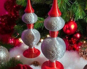Retro Snowflake Finials – Mid-Century Modern Christmas Decor, 3D Printed, Customizable Two-Tone Colors, Pair of 9.6” Tall Holiday Ornaments
