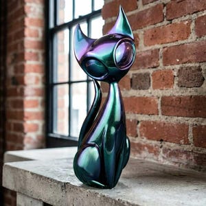 May include: A decorative cat sculpture with a shimmering, iridescent finish in green, purple, and blue hues. The cat has large, round eyes and pointed ears. It is positioned on a concrete ledge against a brick wall.