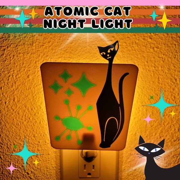Atomic Cat Mid Century Modern Night Light Retro Inspired Home Decor For Office Kitchen Bedroom Space Age MCM Lighting Vintage Style Kitty