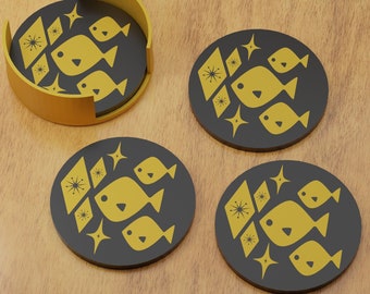 Atomic Fish Coaster Set Vintage Style Décor Mid Century Modern Bar Drinks Wine Beer Retro Home Décor 1960s 50s MCM MidMod Set of 4