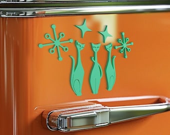 Atomic Space Cats Fridge Magnets Retro Midcentury Decor, 7 Piece Set, Kitties, Starbursts, and Diamonds, USA Kitchen Magnetic Decorations