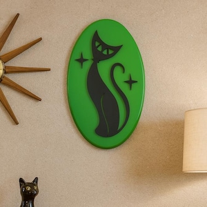 Plaque murale rétro atomique de chat, décoration moderne du milieu du siècle, art multicolore MCM Midmod, silhouette de chat noir