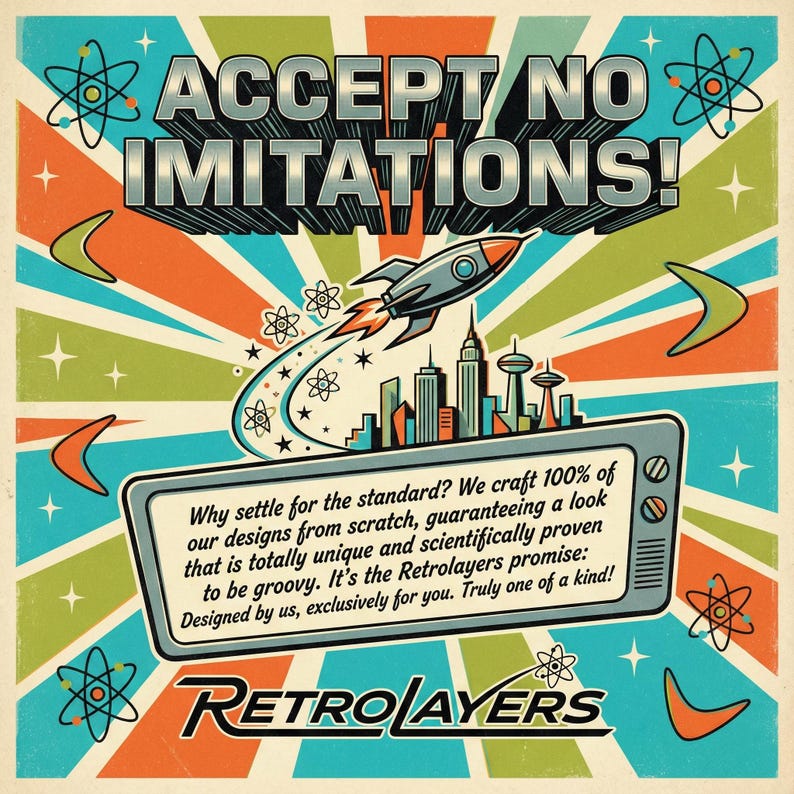 May include: Retro-style graphic with the text "ACCEPT NO IMITATIONS!" A rocket ship flies above a city skyline. The image features atomic symbols, boomerangs, and the text "RETROLAYERS".