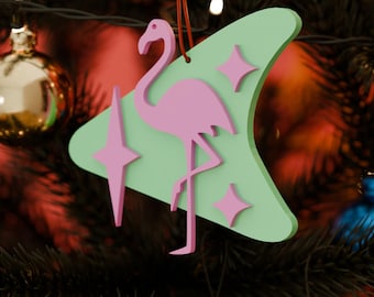 Retro Atomic Flamingo Christmas Tree Ornament Mid Century Modern Vintage Style Hanging Tree Decoration MCM MidMod 1960s 50s Decor