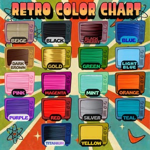 May include: A retro-style color chart featuring 16 different colors, each displayed on a vintage television set. Colors include beige, black, black cherry, blue, dark brown, gold, green, light blue, pink, magenta, purple, red, silver, teal, titanium, and yellow.