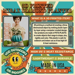 May include: A retro-style advertisement for a 3D printed Mirax Diamond Planter. The image features a woman holding a teal planter with a diamond pattern. Text includes "3D Printed Mirax Diamond Planter", "Use Outdoors or Indoors", and "Made in USA".
