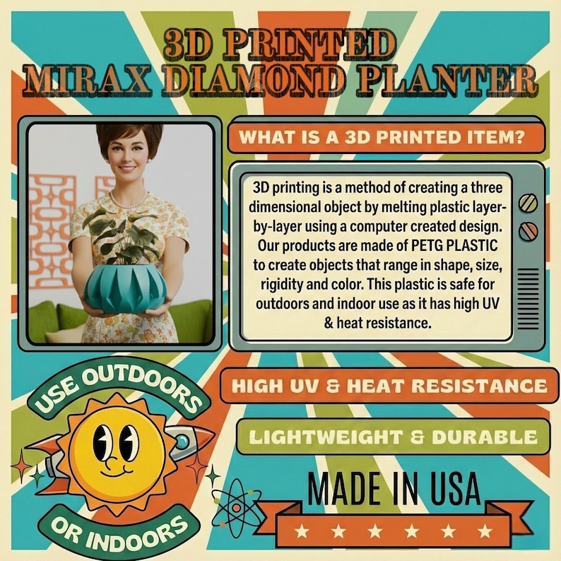 May include: A retro-style advertisement for a 3D printed Mirax Diamond Planter. The image features a woman holding a teal planter with a diamond pattern. Text includes "3D Printed Mirax Diamond Planter", "Use Outdoors or Indoors", and "Made in USA".