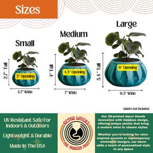 May include: Teal 3D-printed planters in three sizes: small (2.7" tall, 4.7" wide), medium (4" tall, 7" wide), and large (5.4" tall, 9.3" wide). Each planter features a unique geometric design and is suitable for indoor and outdoor use.