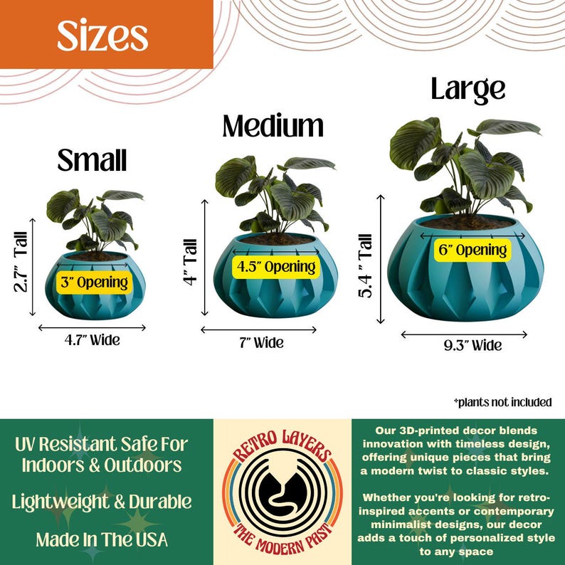 May include: Teal 3D-printed planters in three sizes: small (2.7" tall, 4.7" wide), medium (4" tall, 7" wide), and large (5.4" tall, 9.3" wide). Each planter features a unique geometric design and is suitable for indoor and outdoor use.