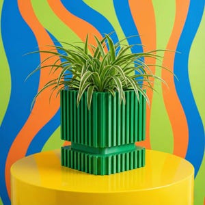 May include: A green, ribbed planter with a square base and a plant with long, green and white striped leaves. The planter sits on a yellow, cylindrical table. The background features a colorful, wavy pattern in blue, orange, and green.