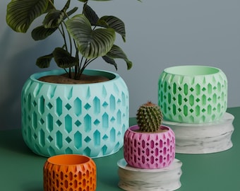 Retro Mid-Century Modern Planter: Diamond PETG Pot, Indoor/Outdoor