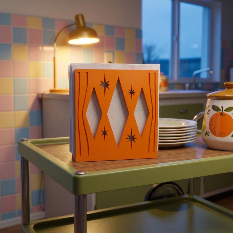 May include: A bright orange napkin holder featuring a cut-out design of three vertical diamonds and four small starburst shapes. The holder is rectangular and contains a stack of white paper napkins, positioned upright on a flat surface.