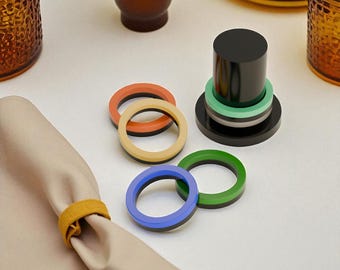 Retro 70s Napkin Ring Set with Holder: Colorful Mid Century Modern Table Decor