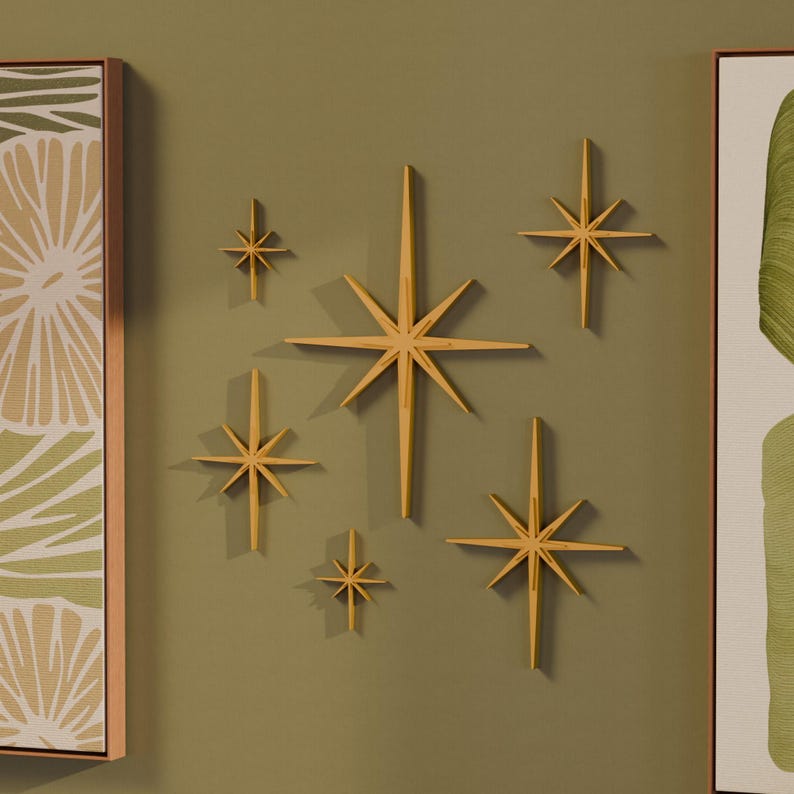 Mini Elongated Mid Century Modern Starburst Wall Decor Set of 6 Indoor/Outdoor Atomic Art Retro Home Decor in Multiple Colors MCM Stars