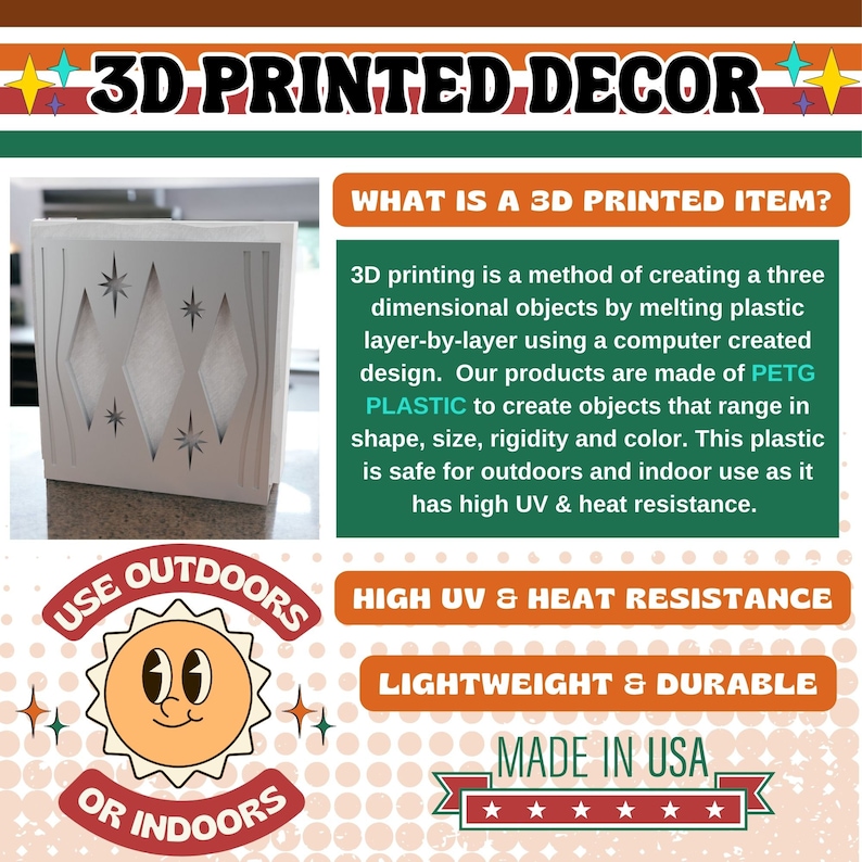 May include: An informational graphic titled 3D PRINTED DECOR featuring a white 3D printed object with diamond and star cutouts. Text explains 3D printing using PETG plastic, highlighting high UV and heat resistance, lightweight durability, and indoor or outdoor use.
