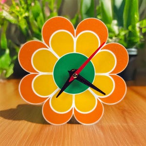 Flower Power Desk Clock Retro 70s-Inspired Silent Quartz Clock, Groovy Mid Century MidMod Decor Colorful Vintage Style Timepiece