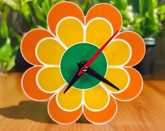 Flower Power Desk Clock Retro 70s-Inspired Silent Quartz Clock, Groovy Mid Century MidMod Decor Colorful Vintage Style Timepiece