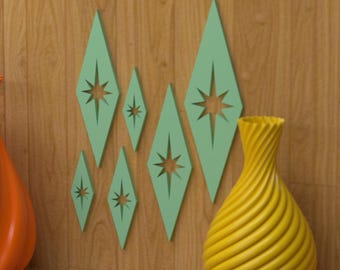 Mini Mid-Century Modern Diamond Wall Decor Set of 6 Indoor/Outdoor Retro Atomic Art in Multiple Colors MCM Diamond Shapes MidMod Gift