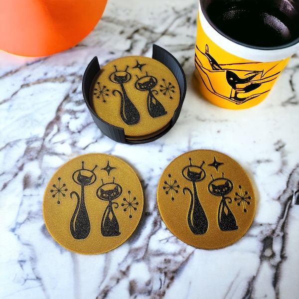 Mid Century Modern Atomic Space Cats MCM Coasters Set of 4 Vintage Style Décor Two Tone Drinks Wine Beer Retro Home Décor 1960s 50s