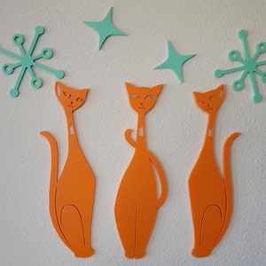 Mid-Century Modern Vintage Style Atomic Space Cat Family Set Gold, Silver, Black, Mint Wall Art | 1960s Retro Décor 50s MCM MidMod