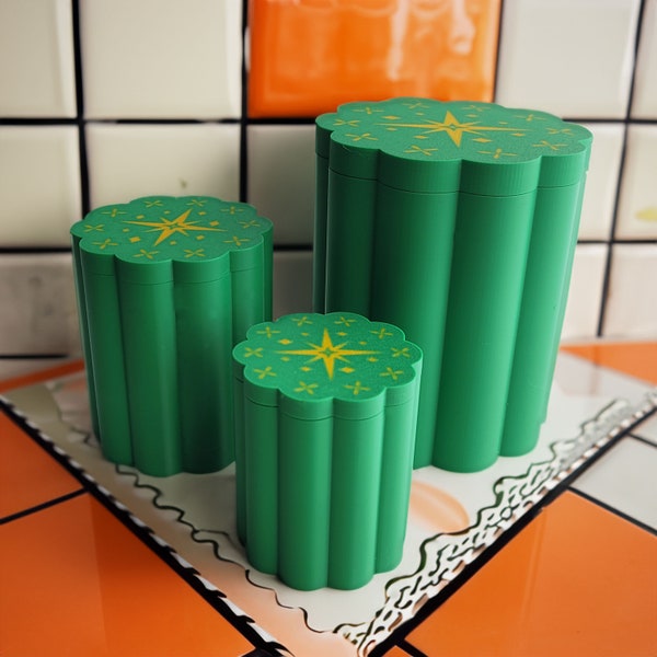 Mid Century Modern Retro Style Flower Starburst Kitchen Canister Set of 3 Vintage Decor MCM Midmod Space age Coffee Sugar Spices 50s 1960s